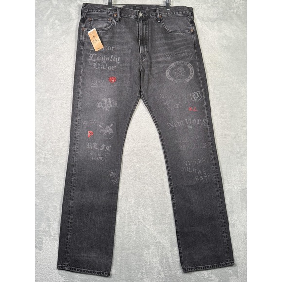 Polo Ralph Lauren Jeans Mens 38x36 Black Hampton Relaxed Straight Patch Graphic - Picture 1 of 15